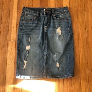 Distressed denim pencil skirt